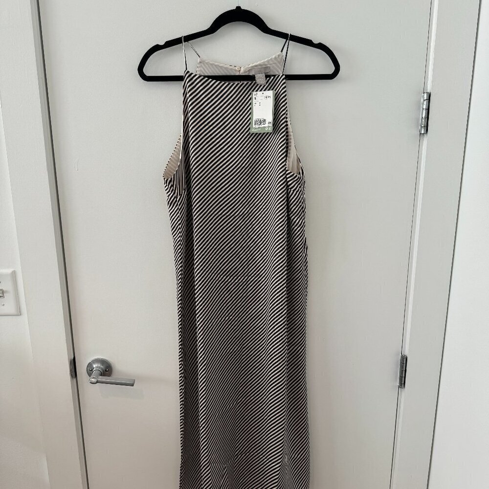 NWT H&M Navy and Off-White Striped Satin Dress - Size M